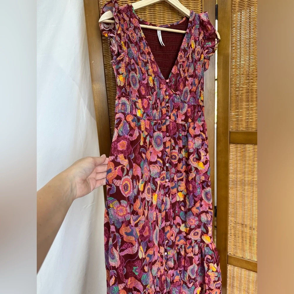 NWOT Anthropologie Peregrine mixed print burgundy smocked maxi dress - Picture 7 of 11
